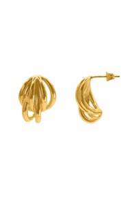 Orecchini in metallo dorato con un design aperto e vorticoso, caratterizzati da forme lisce e arrotondate e chiusura a perno per una vestibilità sicura.