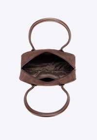 Bolso de ante marrón con cierre superior, asas dobles y interior de tela suave; cuenta con un amplio compartimento principal y un diseño minimalista.