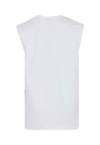 White sleeveless T-shirt with a crew neckline, made of smooth cotton fabric. Simple, straight cut with no patterns or embellishments.