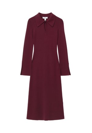 Burgunderfarbenes Kleid aus Strickstoff mit großem Kragen, Schlüssellochausschnitt und langen Ärmeln mit weit ausgestellten Manschetten. Mittellanger Schnitt.