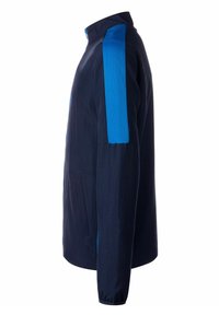 Marineblaue Jacke mit blauen Mesh-Akzenten, Stehkragen, durchgehendem Reißverschluss und Seitentaschen. Verfügt über einen geraden Schnitt und leichtes Gewebe.