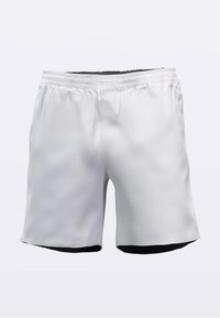 Shorts de sport blancs en tissu lisse, dotés d'une ceinture élastique et d'une doublure intérieure noire. Design simple sans motifs.