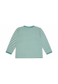 Maglietta a maniche lunghe con una base azzurra chiara e righe bianche alternate. Presenta un collo rotondo e un tessuto morbido e testurizzato.