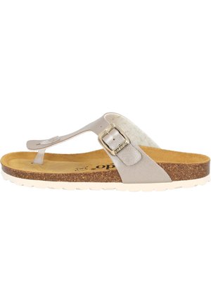 Lys grå tøffel sandal med læderoverdel, justerbar metal spænde og kork sål. Hvid gummisål med struktureret greb.