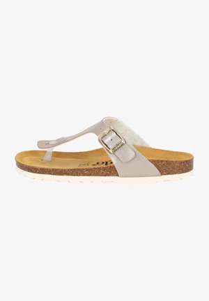 Light gray thong sandal with a leather upper, adjustable metal buckle, and a cork footbed. White rubber sole with textured grip.