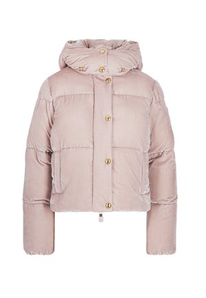 Pinker gepolsterter Jäckchen mit cropped Design, Kapuze und goldenen Knopfverschluss. Verfügt über einen strukturierten Stoff mit gesteppten Abschnitten und seitlichen Taschen.
