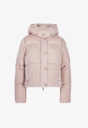 Pinker gepolsterter Jäckchen mit cropped Design, Kapuze und goldenen Knopfverschluss. Verfügt über einen strukturierten Stoff mit gesteppten Abschnitten und seitlichen Taschen.