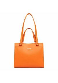 Sac fourre-tout en cuir orange avec deux poignées, forme rectangulaire, texture lisse, et logo "LANCASTER PARIS" sur le devant.