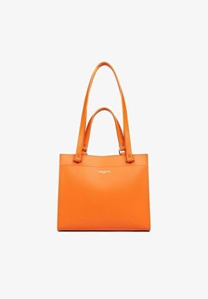 Borsa tote in pelle arancione con due manici, forma rettangolare, texture liscia e logo "LANCASTER PARIS" sul davanti.
