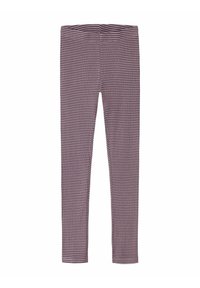Leggings violets avec de fines rayures verticales, fabriqués en tissu extensible, présentant un design ajusté et une taille élastique.