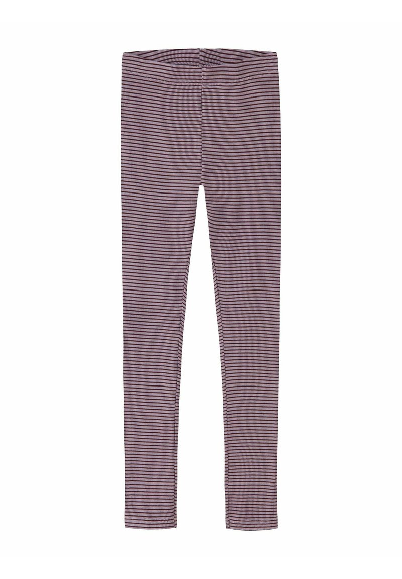 Leggings violets avec de fines rayures verticales, fabriqués en tissu extensible, présentant un design ajusté et une taille élastique.