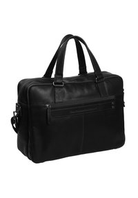 Schwarze Leder-Laptoptasche mit doppelten Tragegriffen, verstellbarem Schultergurt und vorderer Reißverschlusstasche. Glatte Textur mit minimalistischem Design.