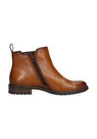 Brown leather ankle boot with a side zipper, rounded toe, and low stacked heel. Features a pull tab at the back and textured sole.