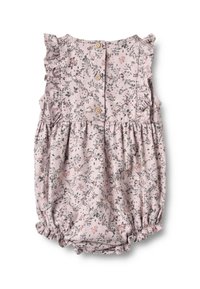 Tuta con motivo floreale in morbido tessuto rosa. Presenta spalline con volant, tre bottoni frontali e aperture per le gambe elasticizzate per il massimo comfort.