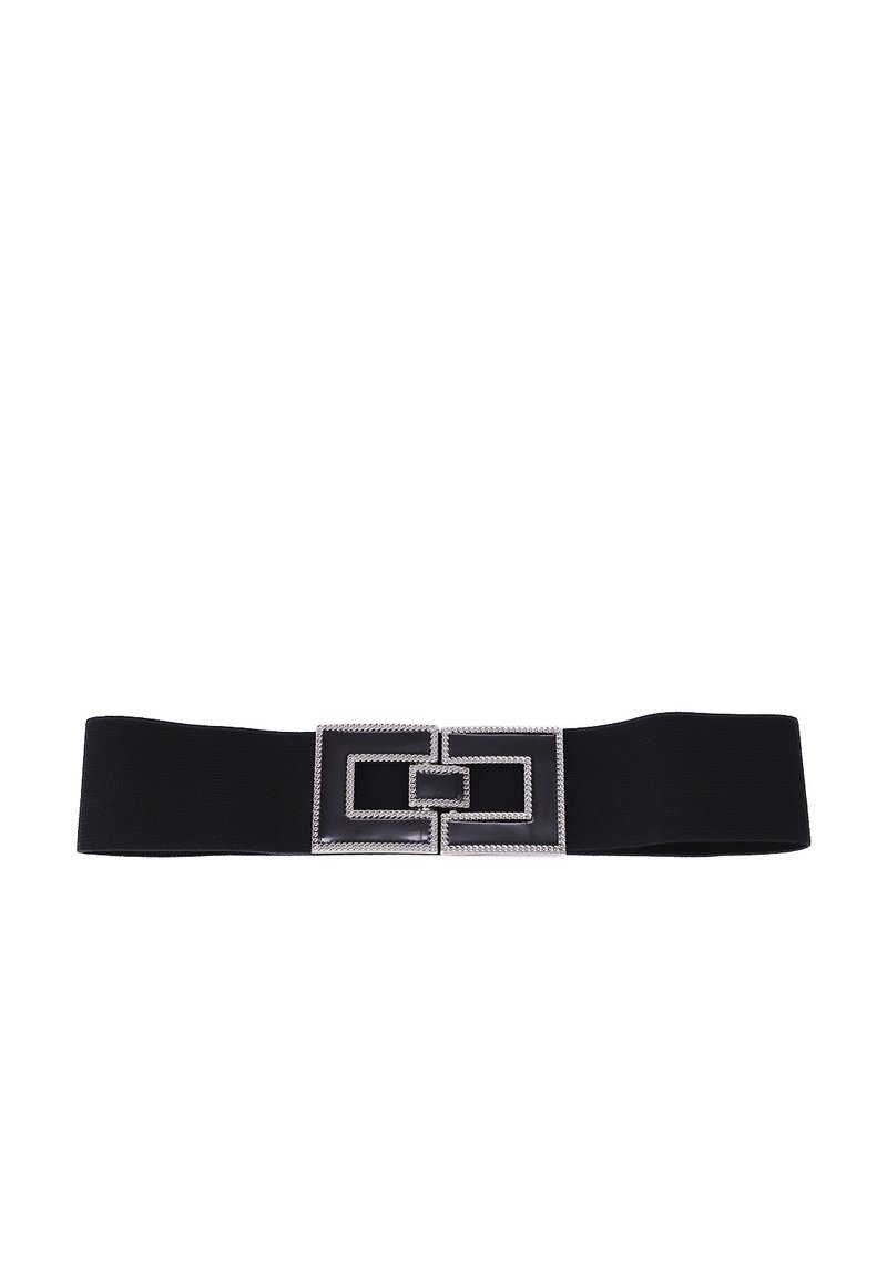 Cintura elastica nera con una fibbia rettangolare decorativa in argento, caratterizzata da un design a doppio strato e bordi texturizzati.