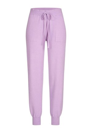 Lila joggers gemaakt van zacht materiaal, met een tailleband met trekkoord, geribbelde boorden en twee voorzakken. Soepele textuur en casual ontwerp.