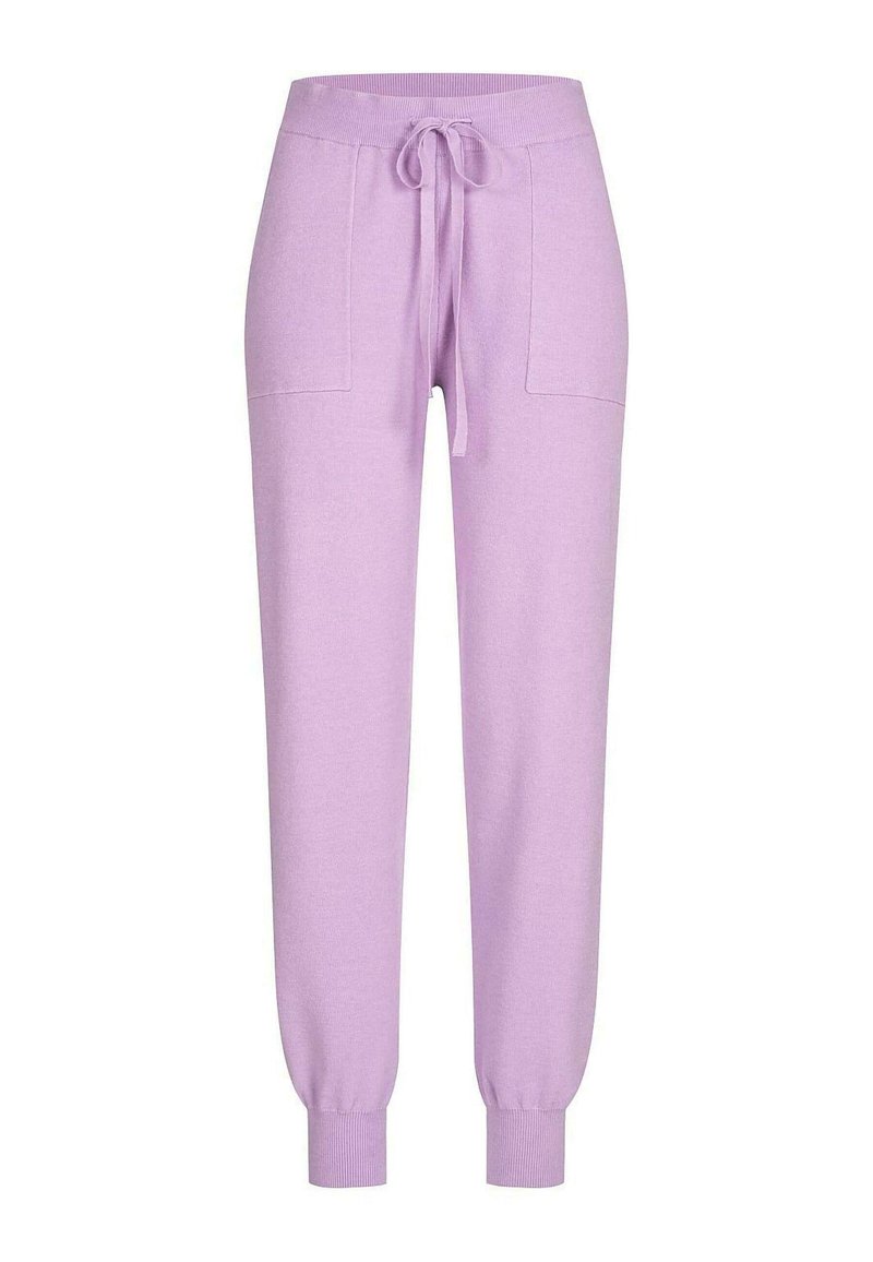Lila joggers gemaakt van zacht materiaal, met een tailleband met trekkoord, geribbelde boorden en twee voorzakken. Soepele textuur en casual ontwerp.
