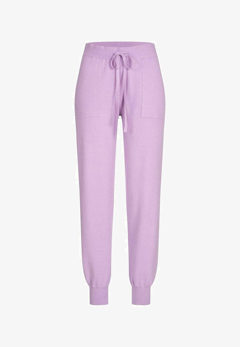 Lilac jogger pants made of soft fabric, featuring a drawstring waistband, ribbed cuffs, and two front pockets. Smooth texture and casual design.