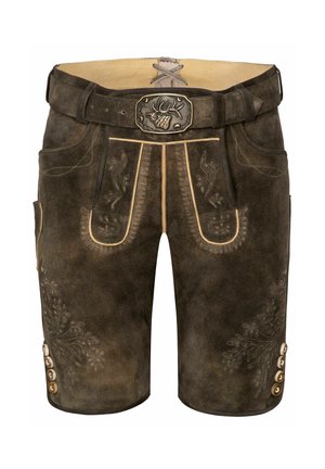 Lædershorts i mørkebrun med dekorative syninger, sidelommer og et bælte med en udsmykket metalspænde. Der er også knapdetaljer.