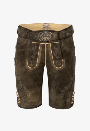 Pantalones cortos de cuero en marrón oscuro con costuras decorativas, bolsillos laterales y un cinturón con una hebilla metálica ornamentada. Los acentos incluyen botones.