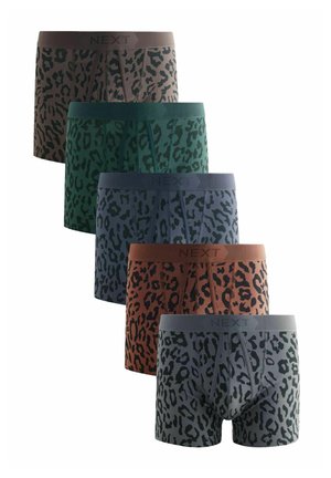 Fünferpack Boxershorts mit Leopardenmuster. Die Farben umfassen Braun, Grün, Dunkelgrün, Grau und Rost. Elastische Taillenbänder mit Branding.