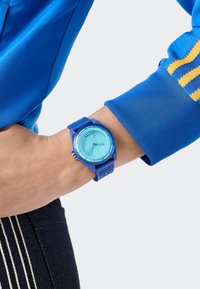 Sinine kell heleda sinise näo, kummipaela, ümarate korpuse ja tikutoori märkidega. Kätel on see kantud sinise särgi peal, millel on kollased aktsendid.