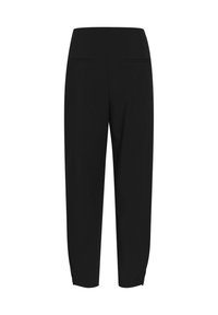 Pantalons noirs à coupe droite, en tissu lisse, dotés de deux poches arrière et de zips aux ourlets pour un ajustement.