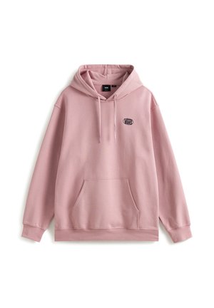 Sweat à capuche Vans rose clair avec poche kangourou à l'avant, capuche avec cordon de serrage, et petit logo Vans noir sur le côté gauche de la poitrine.