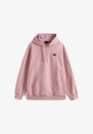 Jasnoróżowa bluza Vans z kapturem, przednią kieszenią kangurką, regulowanym sznurkiem przy kapturze i małym czarnym logo Vans na lewej piersi.
