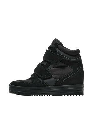 Black high-top sneakers made of suede and mesh, featuring Velcro straps, a smooth finish, and a textured rubber sole for traction.