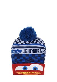 Knitted beanie in blue and red, featuring a pom-pom, checkerboard pattern, and graphics of Lightning McQueen on the brim.