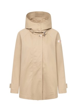 Beige Regenjacke mit Kapuze und hohem Kragen, Vorderknöpfen, langen Ärmeln mit verstellbaren Manschetten und einem kleinen Logopatch am linken Arm.