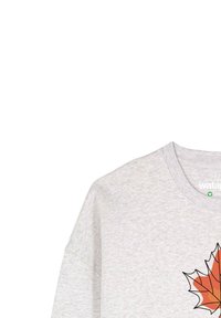 Sweatshirt gris clair avec une coupe décontractée, présentant un graphique de feuille d'érable rouge et orange sur le devant. Matériau en coton doux et texturé.