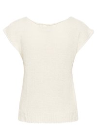 Vit stickad tröja med vid halsringning och korta ärmar. Har en ribbad nederkant och ett strukturerat tygmönster genom hela plagget.