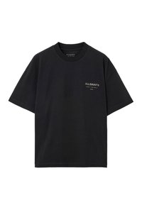 Zwarte katoen T-shirt met een ronde hals, korte mouwen en een kleine logo detail in het wit op de linkerborst. Eenvoudig, onopgedikt ontwerp.