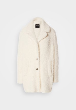Cream faux-fur coat with a notched collar, front button closure, two side pockets, and a soft texture.