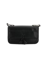 Borsa a tracolla in pelle nera con finitura liscia, caratterizzata da dettagli intrecciati, due nappine e una tracolla in catena argentata. Forma rettangolare.