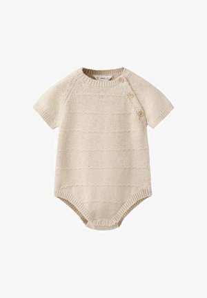 Otroški pleteni romper kremne barve s kratkimi rokavi, tremi gumbi spredaj na ramenu in pritiskači na dnu.