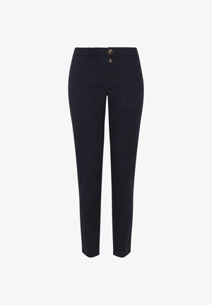 Pantalon en coton bleu marine à jambe droite, avec deux boutons dorés et des passants de ceinture standards. Texture lisse, sans motifs.