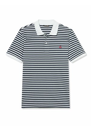 Polo a maniche corte a righe blu navy e bianco con colletto bianco e piccolo logo rosso ricamato sul petto sinistro.