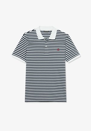 Polo a maniche corte a righe blu navy e bianco con colletto bianco e piccolo logo rosso ricamato sul petto sinistro.