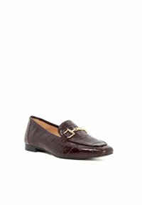 Burgundy faux leather loafers with a crocodile texture, gold hardware accent, and a flat sole for comfort.