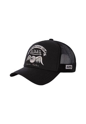 Black cap with a curved brim, mesh backing, and embroidered white logo. Features wing and circle designs with text, representing a motorcycle club.