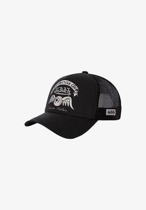 Black cap with a curved brim, mesh backing, and embroidered white logo. Features wing and circle designs with text, representing a motorcycle club.