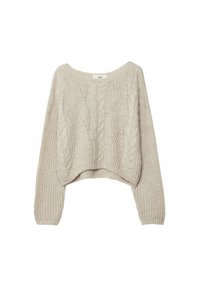 Dzianinowy krótki sweter w miękkim beżu, z fakturą warkocza, szerokim okrągłym dekoltem i długimi rękawami z prążkowanymi mankietami.