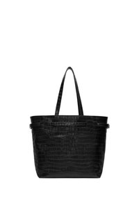 Sac fourre-tout noir en cuir embossé, de forme rectangulaire, avec deux poignées, un accent logo discret et une texture à motifs.