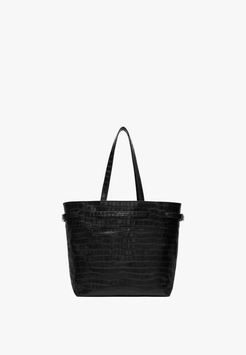 Sac fourre-tout noir en cuir embossé, de forme rectangulaire, avec deux poignées, un accent logo discret et une texture à motifs.