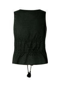 Mustas värvuses varrukateta top elastsest vööst ja nöörist tuttidega tagumisel äärel, nähtud tagant valgel taustal.