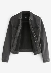 Dark gray denim jacket with a classic design, featuring two front pockets, snap fasteners, and a slightly textured finish.