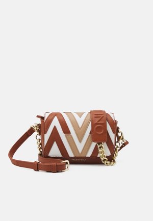 Small rectangular Valentino shoulder bag with white, tan, and brown chevron pattern, leather and gold chain strap, and branded patch.